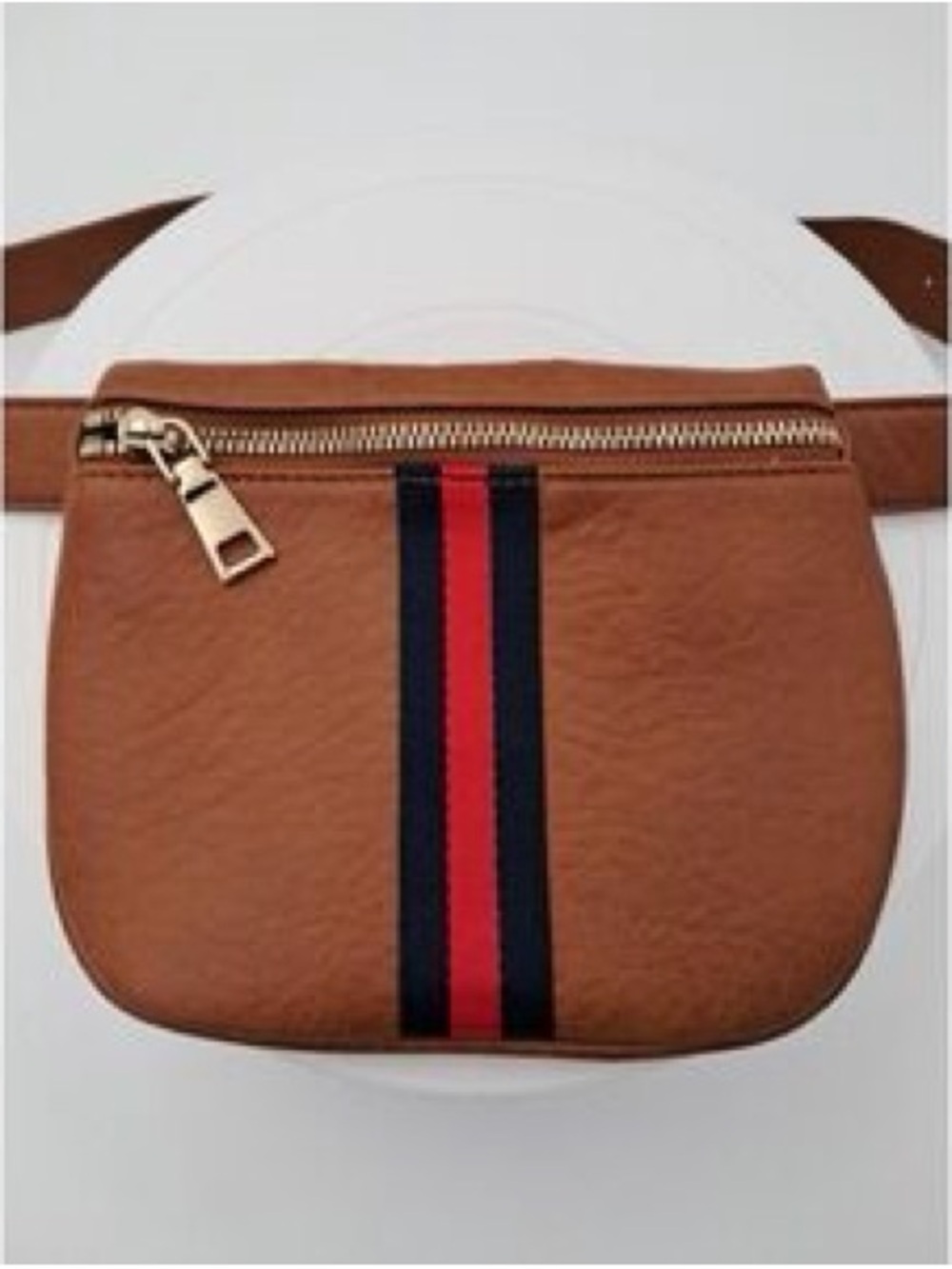 Moda Luxe Tan Belt Bag with Red & Navy Center Stripe
